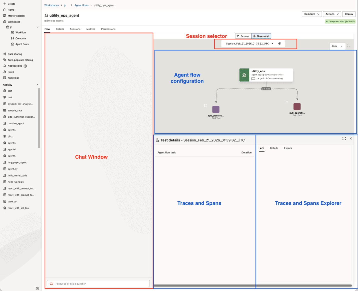 Test Playground de Oracle AI Data Platform con chat, configuración del flujo y paneles de trazas y spans