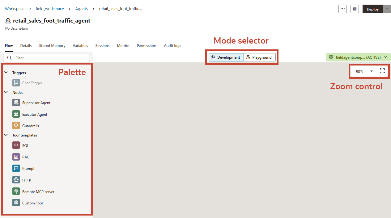 Constructor visual de agentes de Oracle AI Data Platform con nodos de supervisor, ejecutor, guardrails y plantillas de herramientas